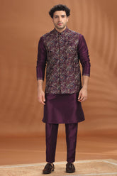 Wine Purple Silk Kurta Pajama with Embroidered Jacket